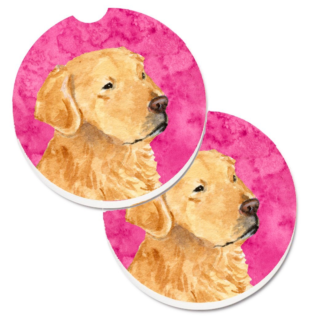SS4752-PKCARC Pink Golden Retriever Set of 2 Cup Holder Car Coaster