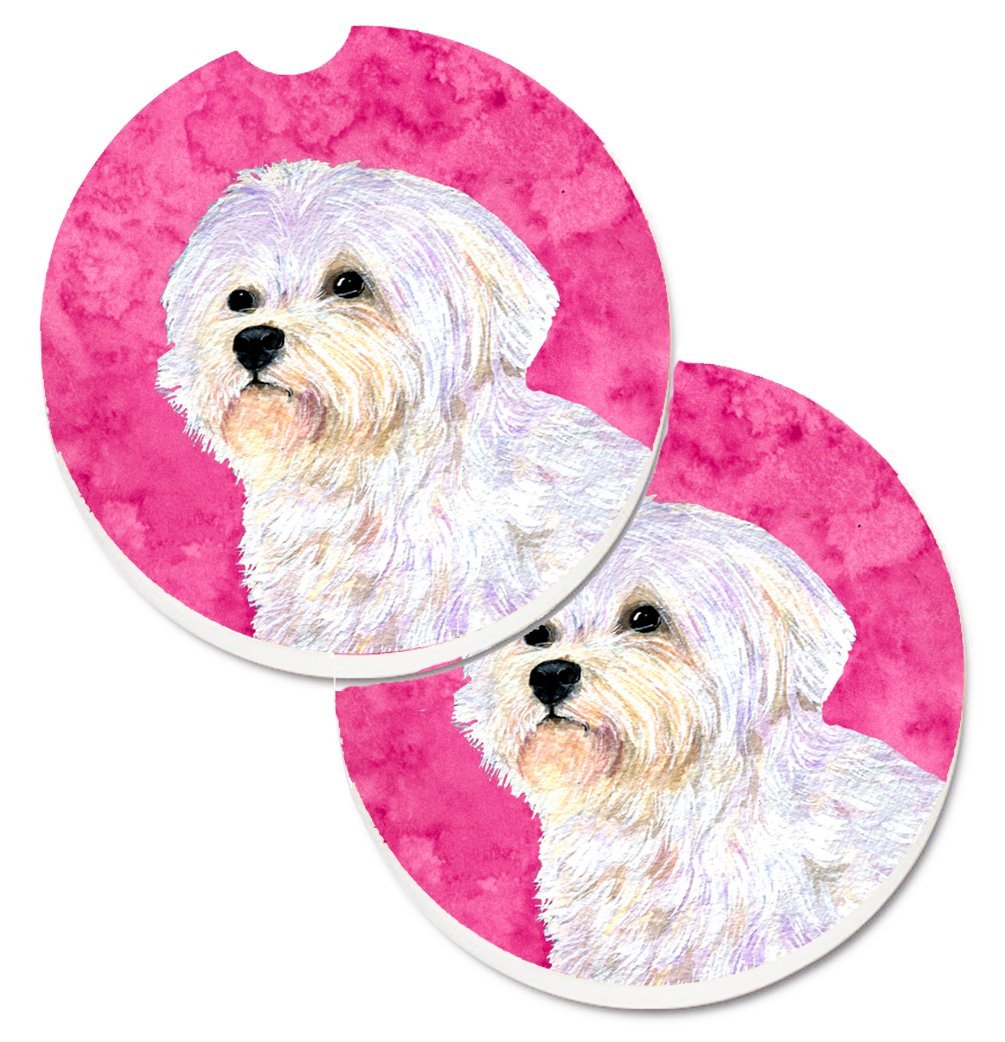 SS4757-PKCARC Pink Maltese Set of 2 Cup Holder Car Coaster