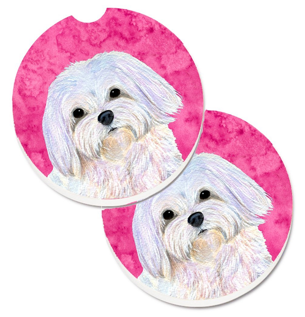 SS4758-PKCARC Pink Maltese Set of 2 Cup Holder Car Coaster
