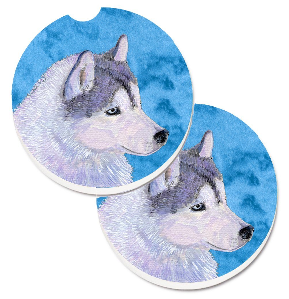 Blue Siberian Husky Set of 2 Cup Holder Car Coaster