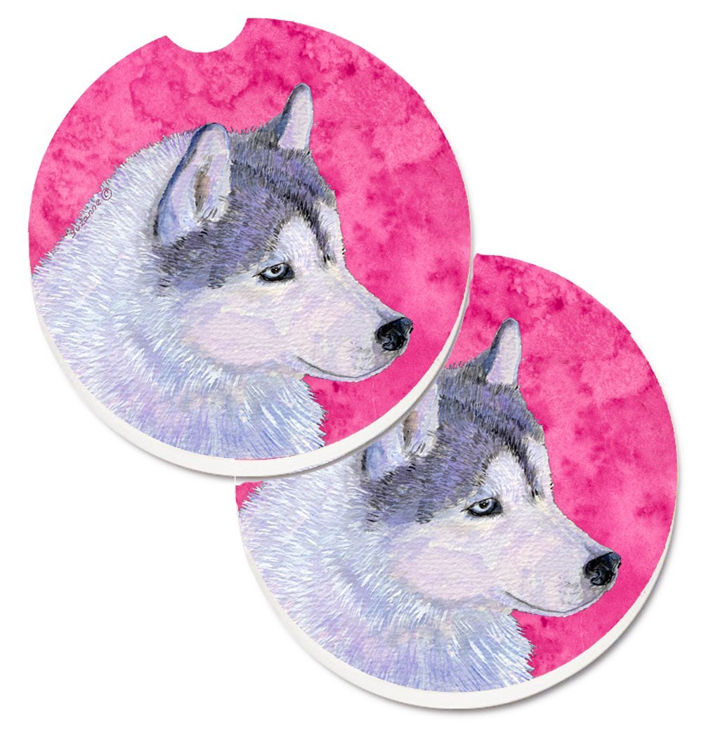 Pink Siberian Husky Set of 2 Cup Holder Car Coaster