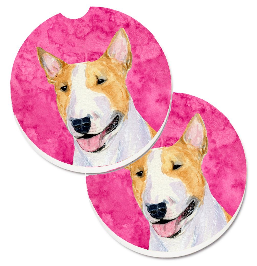 Pink Bull Terrier Set of 2 Cup Holder Car Coaster