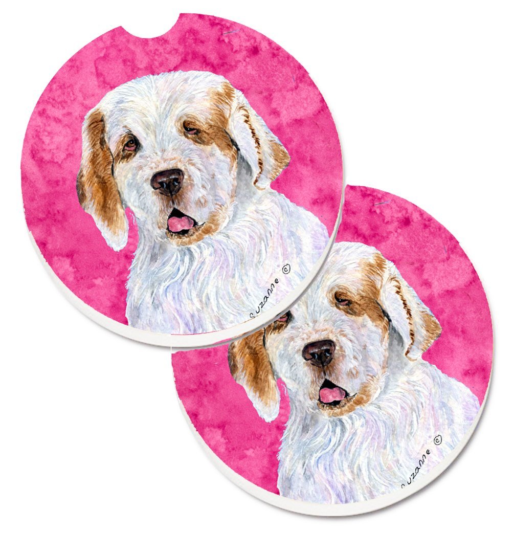 Pink Clumber Spaniel Set of 2 Cup Holder Car Coaster