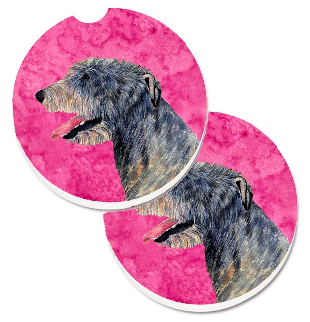 Pink Irish Wolfhound Set of 2 Cup Holder Car Coaster