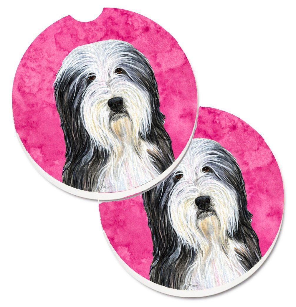 SS4773-PKCARC Pink Bearded Collie Set of 2 Cup Holder Car Coaster