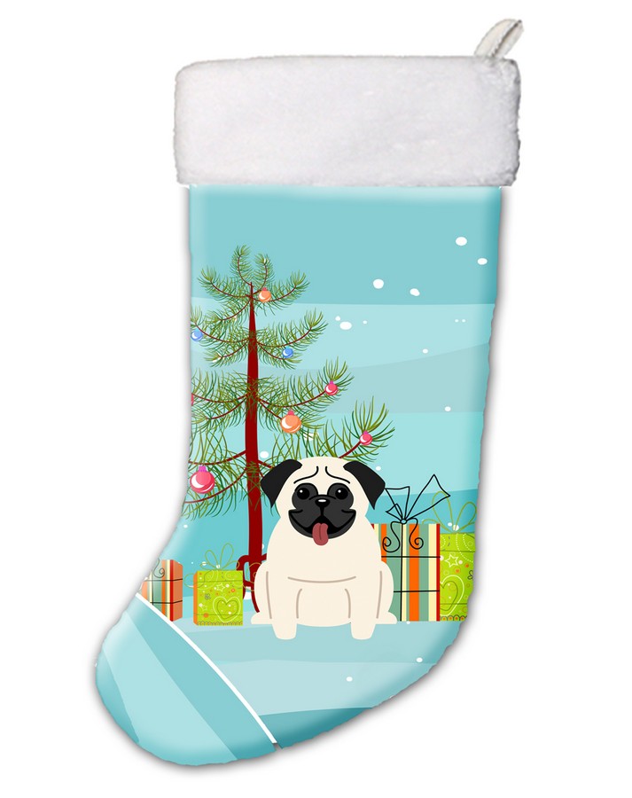 Merry Christmas Tree Pug Cream Christmas Stocking