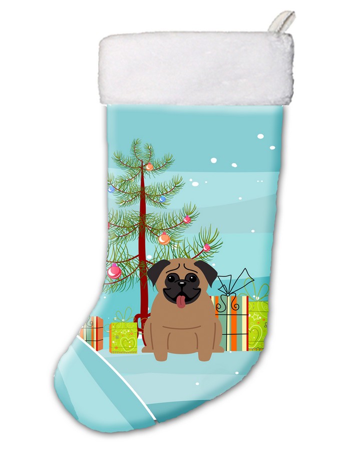 Merry Christmas Tree Pug Brown Christmas Stocking