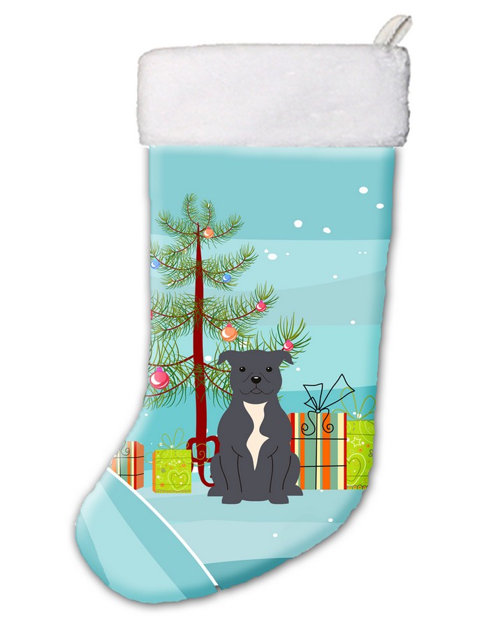 Merry Christmas Tree Staffordshire Bull Terrier Blue Christmas Stocking