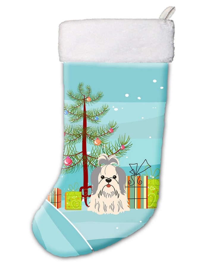 BB4210CS Merry Christmas Tree Shih Tzu Silver White Christmas Stocking
