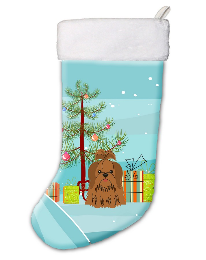 Merry Christmas Tree Shih Tzu Silver & Chocolate Christmas Stocking - Silver & Chocolate - 18in. H x 0.25in. W x 11in. L