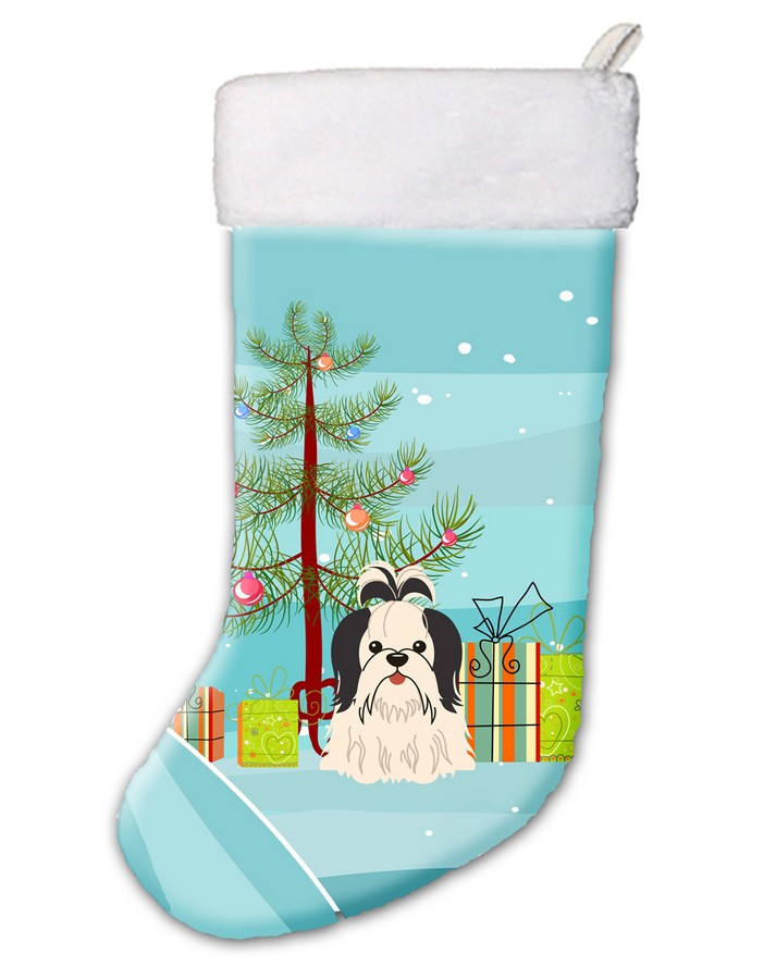 BB4213CS Merry Christmas Tree Shih Tzu Black & White Christmas Stocking