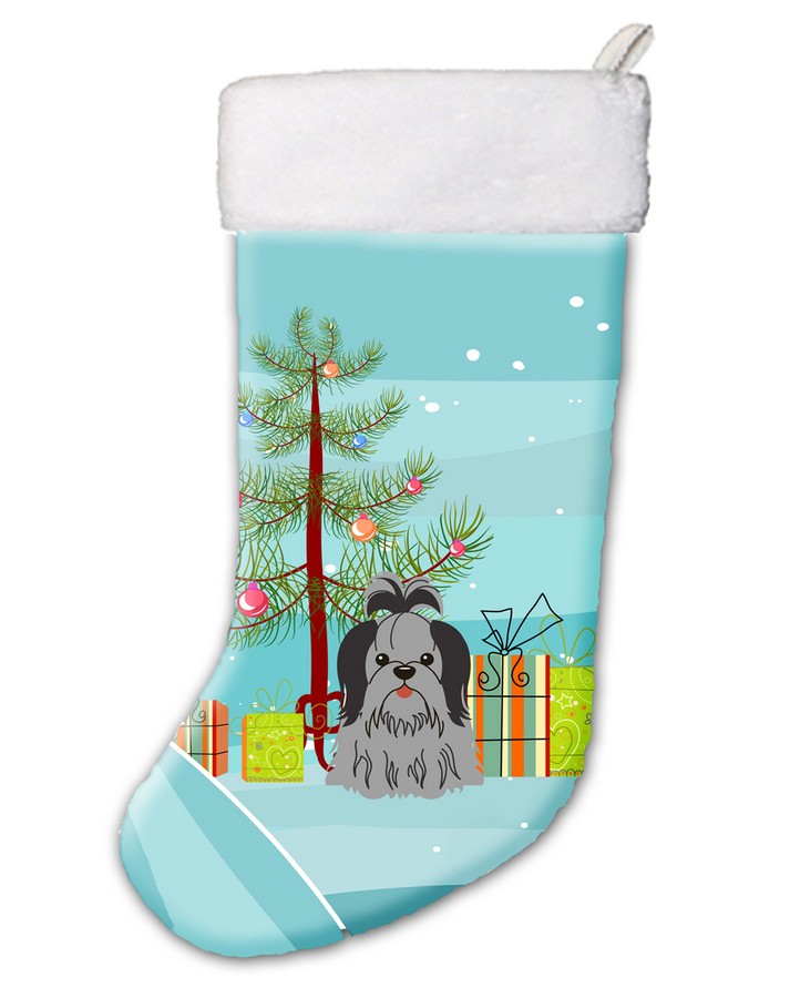 BB4214CS Merry Christmas Tree Shih Tzu Black & Silver Christmas Stocking