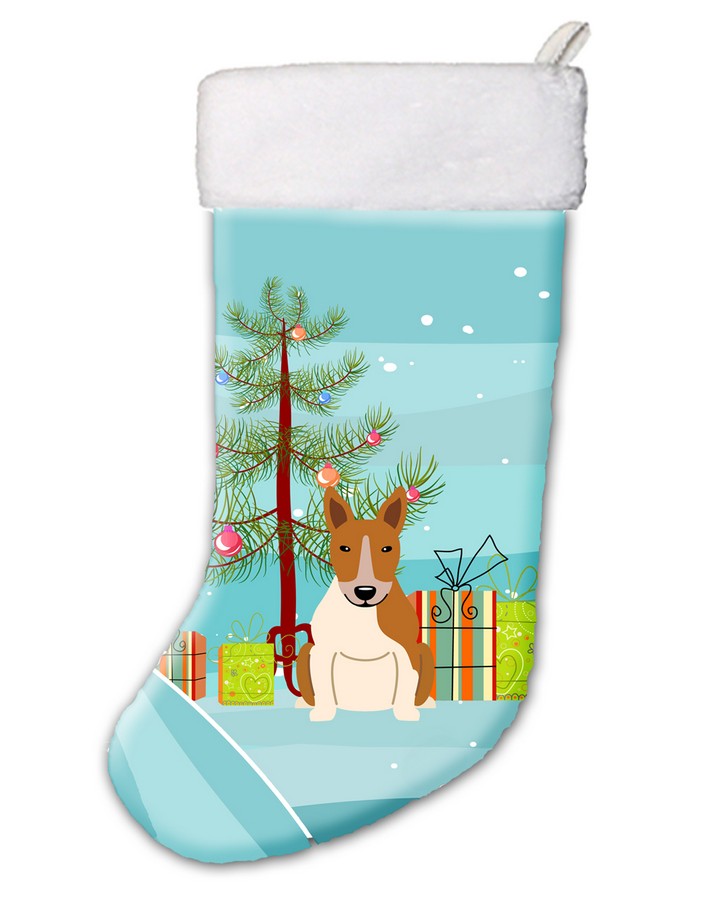 Merry Christmas Tree Bull Terrier Red & White Christmas Stocking