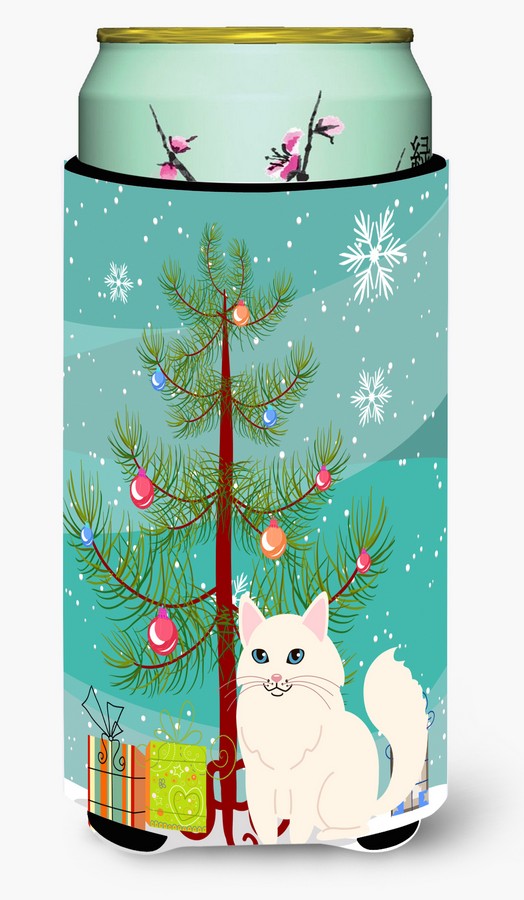 Turkish Angora Cat Merry Christmas Tree Tall Boy Beverage Insulator Hugger