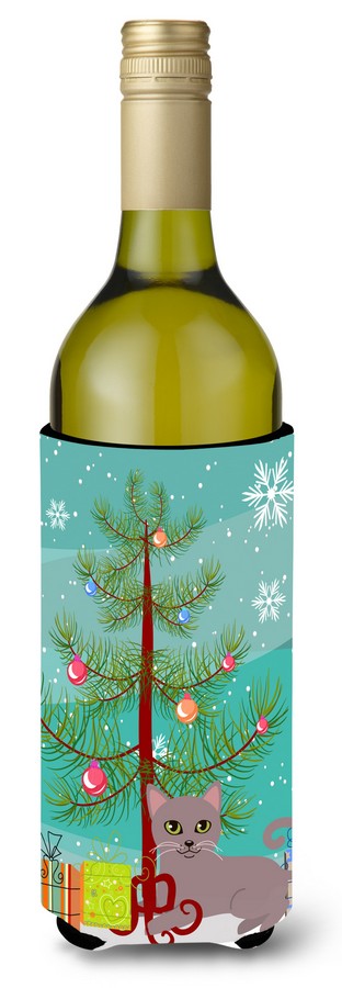 Russian Blue Cat Merry Christmas Tree Wine Bottle Beverge Insulator Hugger