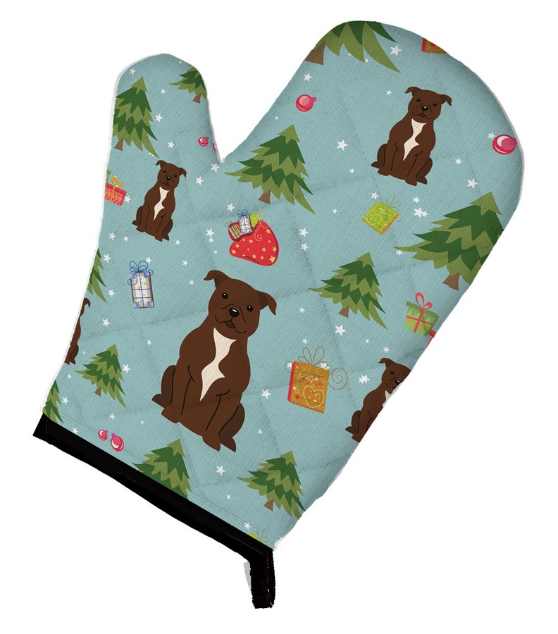 Picture of Carolines Treasures BB4708OVMT Christmas Staffordshire Bull Terrier Chocolate Oven Mitt