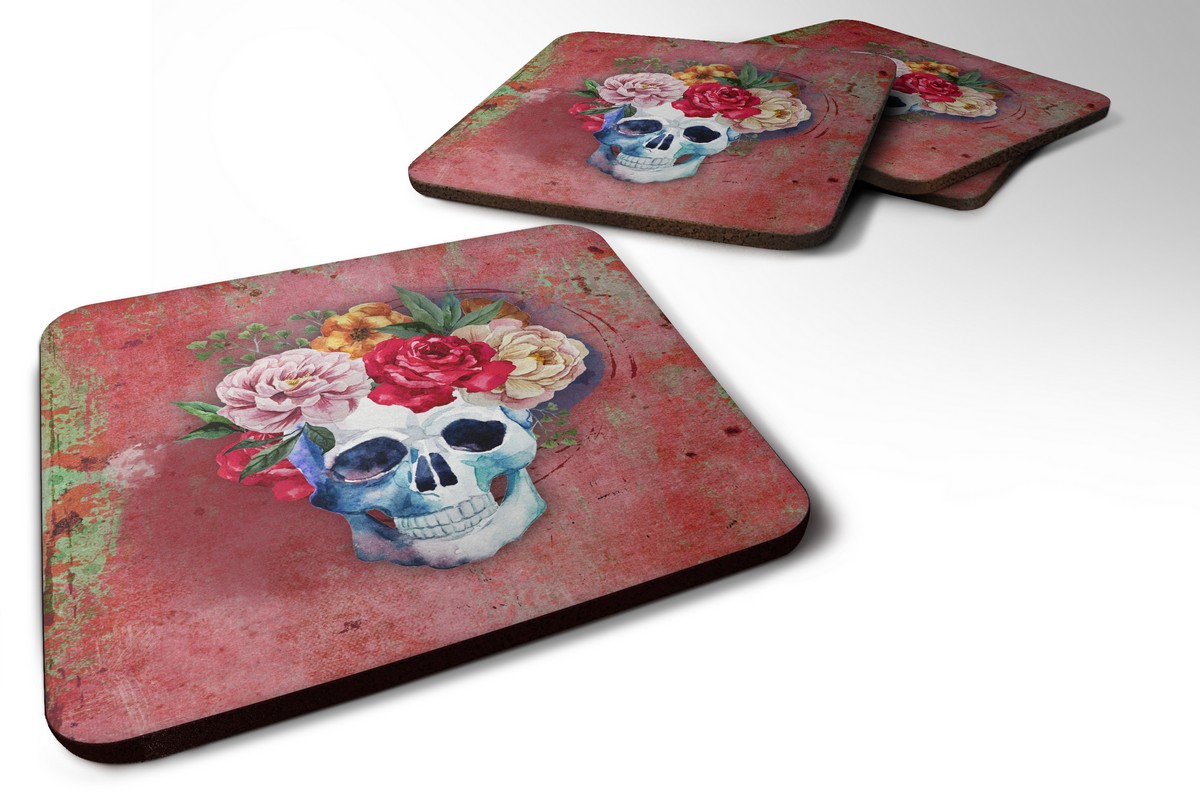 BB5130FC Day of the Dead Red Flowers Skull Foam Coaster, Set of 4