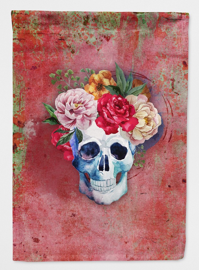 BB5130GF Day of the Dead Red Flowers Skull Flag Garden Size