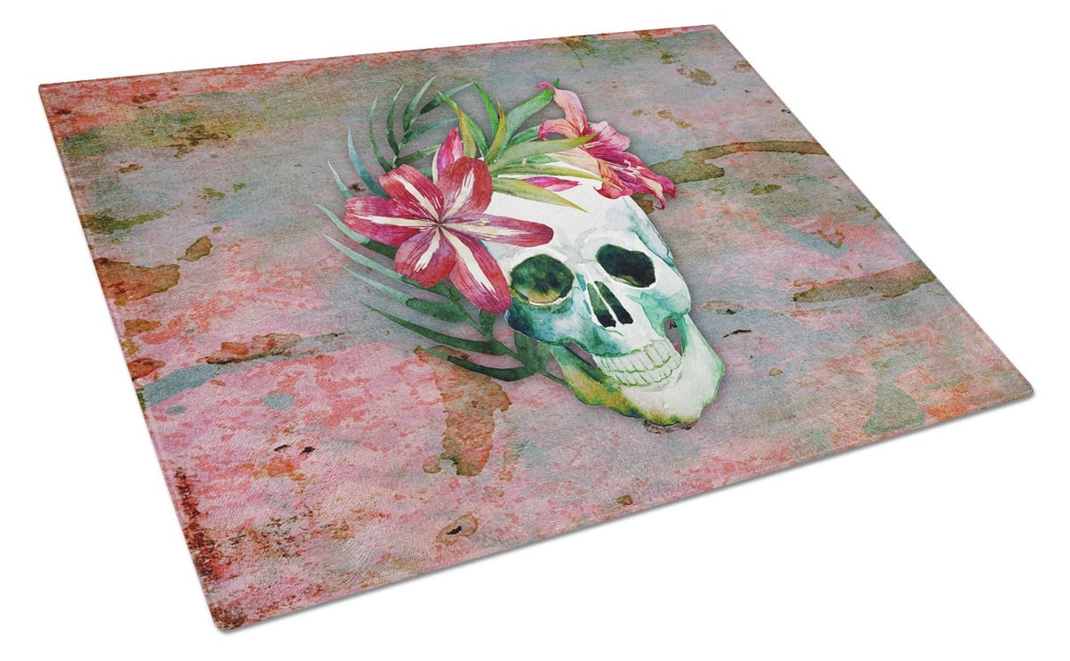 BB5125LCB Day of the Dead Skull Flowers Glass Cutting Board, Large