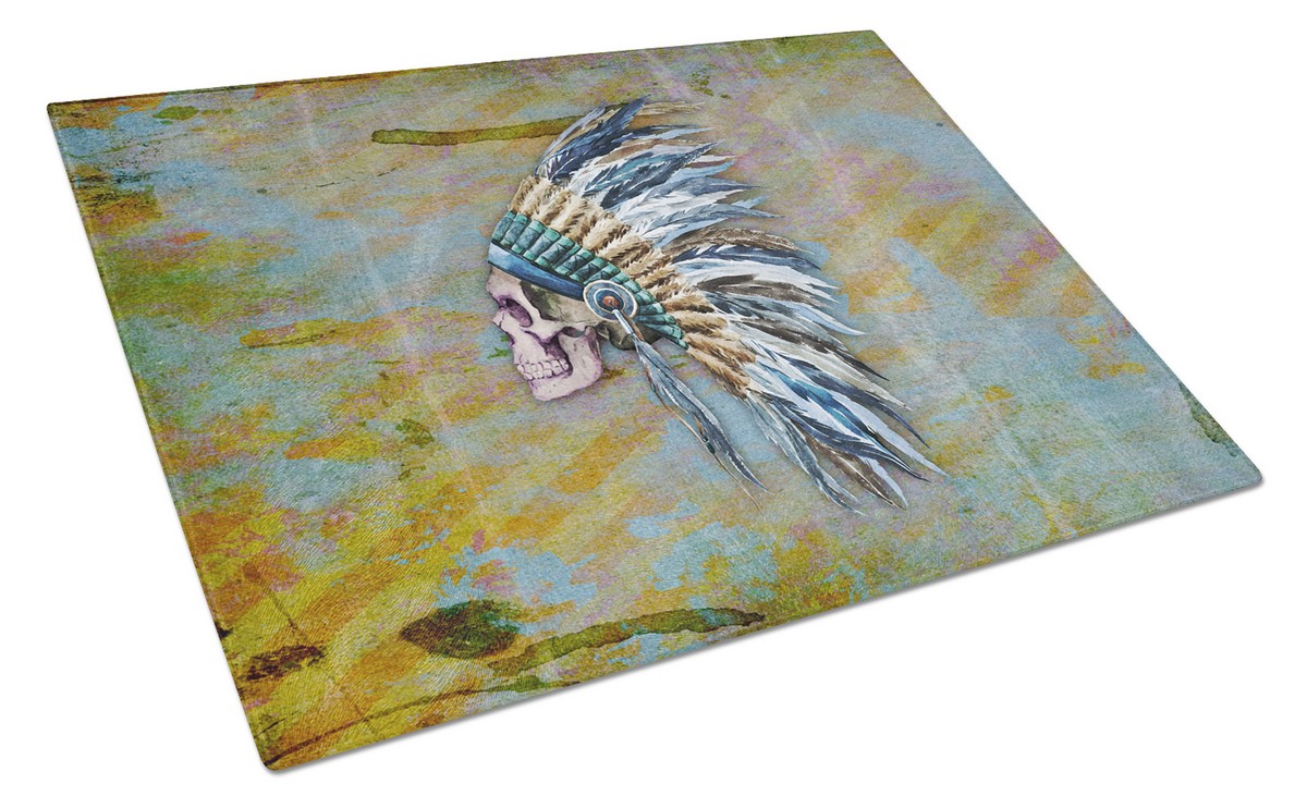 BB5128LCB Day of the Dead Indian Chief Skull Glass Cutting Board, Large