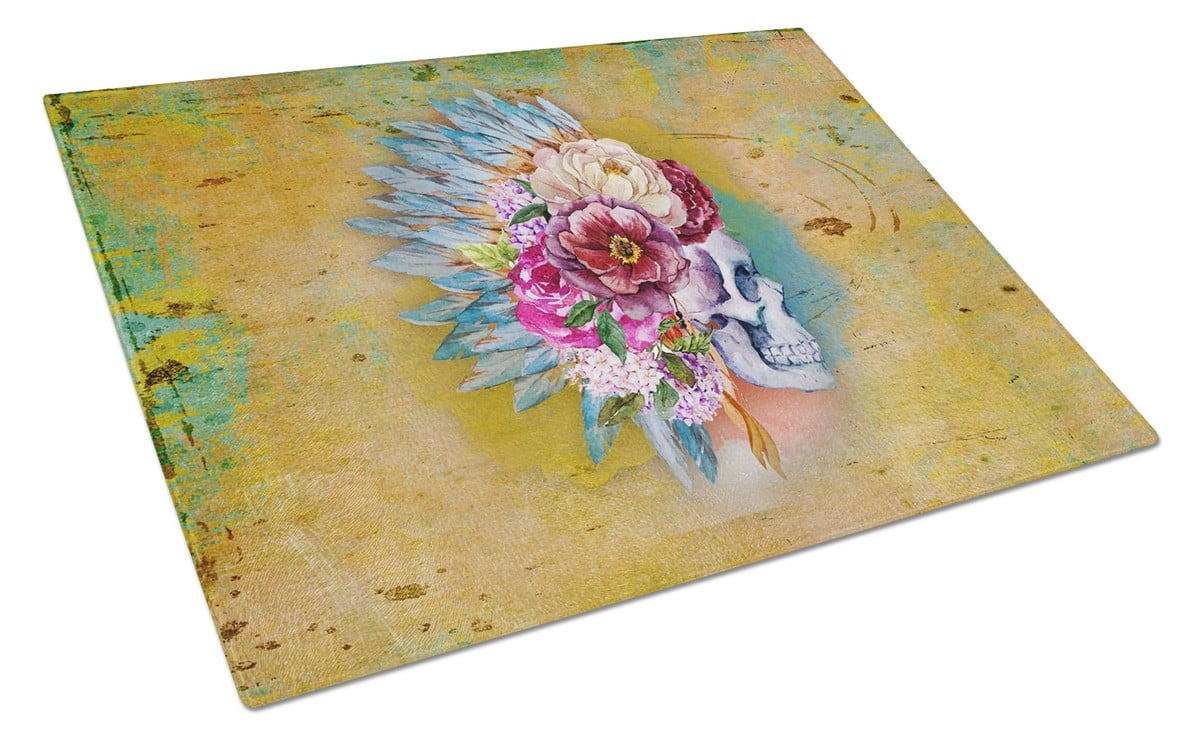 BB5129LCB Day of the Dead Flowers Skull Glass Cutting Board, Large