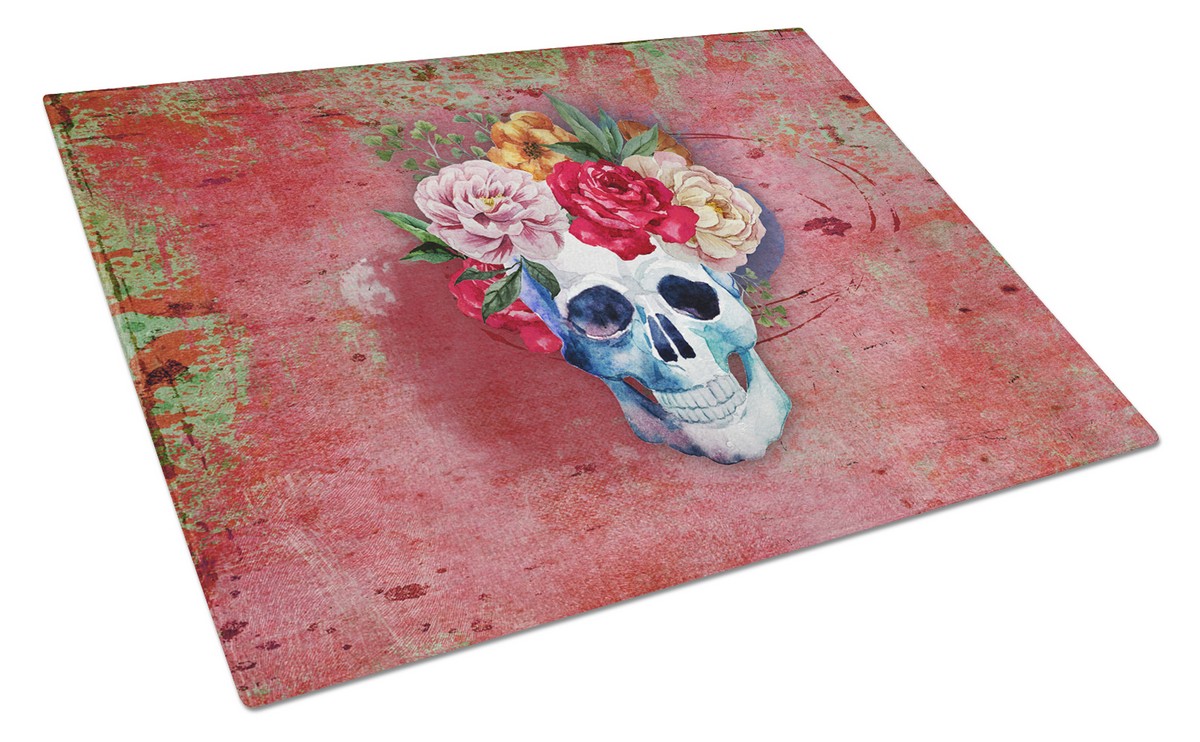 BB5130LCB Day of the Dead Red Flowers Skull Glass Cutting Board, Large