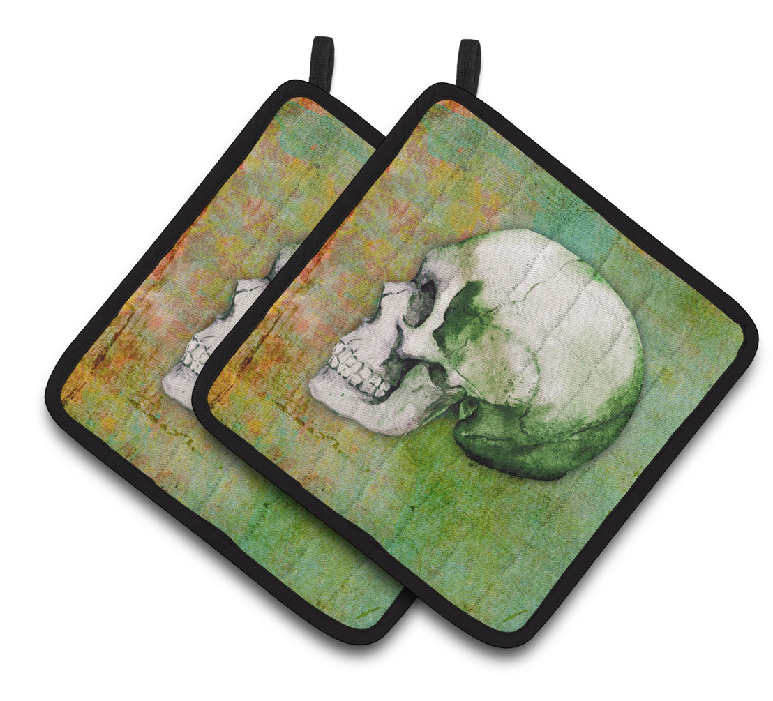 Picture of Carolines Treasures BB5122PTHD Day of the Dead Green Skull Pair of Pot Holders