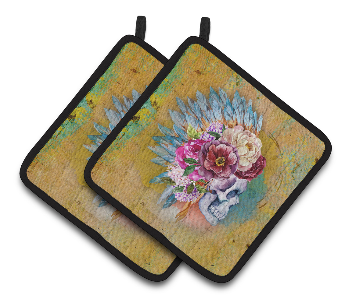 BB5129PTHD Day of the Dead Flowers Skull Pair of Pot Holders