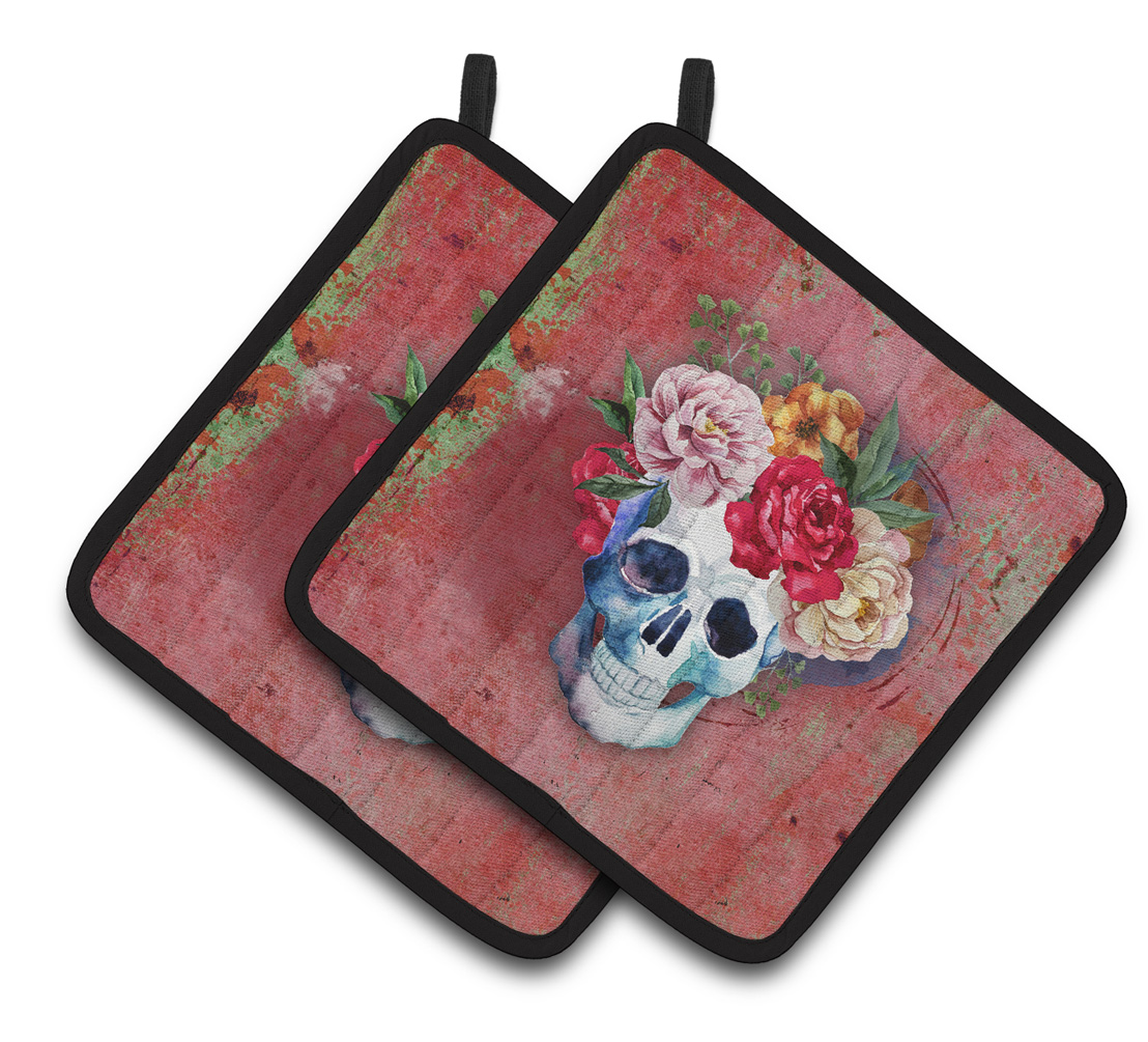 BB5130PTHD Day of the Dead Red Flowers Skull Pair of Pot Holders