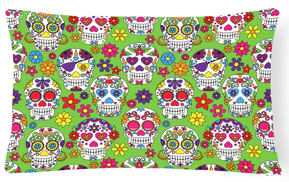 Day of the Dead Green Canvas Fabric Decorative Pillow