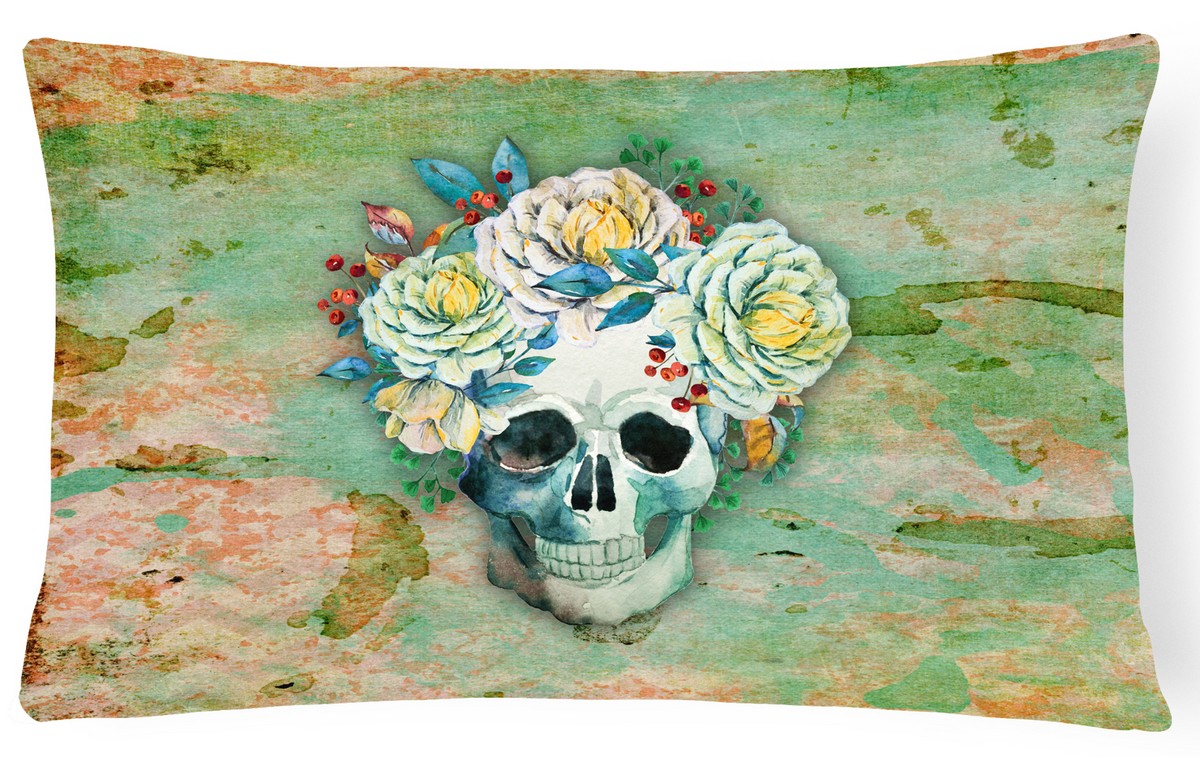 BB5124PW1216 Day of the Dead Skull with Flowers Canvas Fabric Decorative Pillow