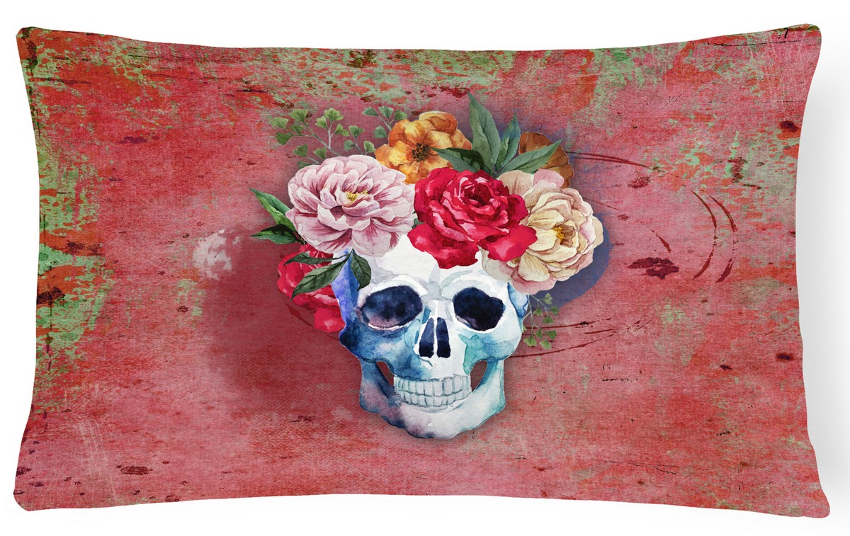 Day of the Dead Red Flowers Skull Canvas Fabric Decorative Pillow