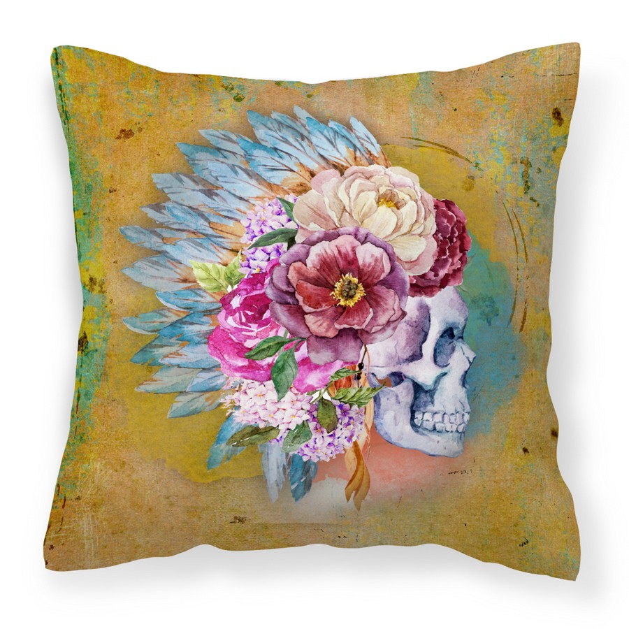 Day of the Dead Flowers Skull Fabric Decorative Pillow - 14 x 3 x 14 in.