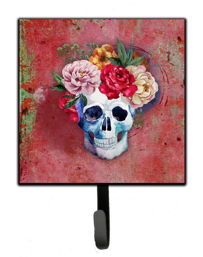 Day of the Dead Red Flowers Skull Leash or Key Holder