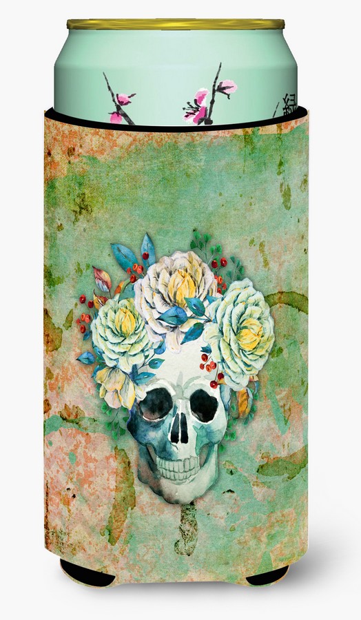 Day of the Dead Skull with Flowers Tall Boy Beverage Insulator Hugger