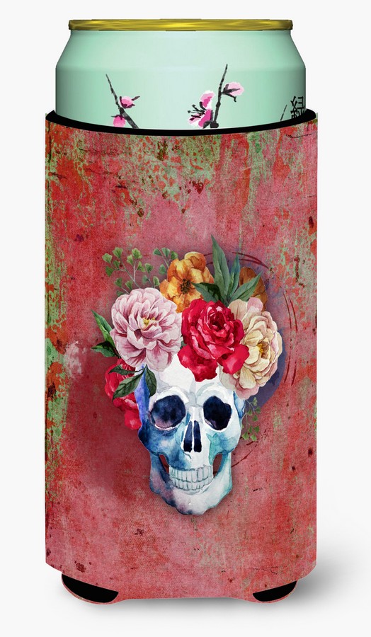 Day of the Dead Red Flowers Skull Tall Boy Beverage Insulator Hugger