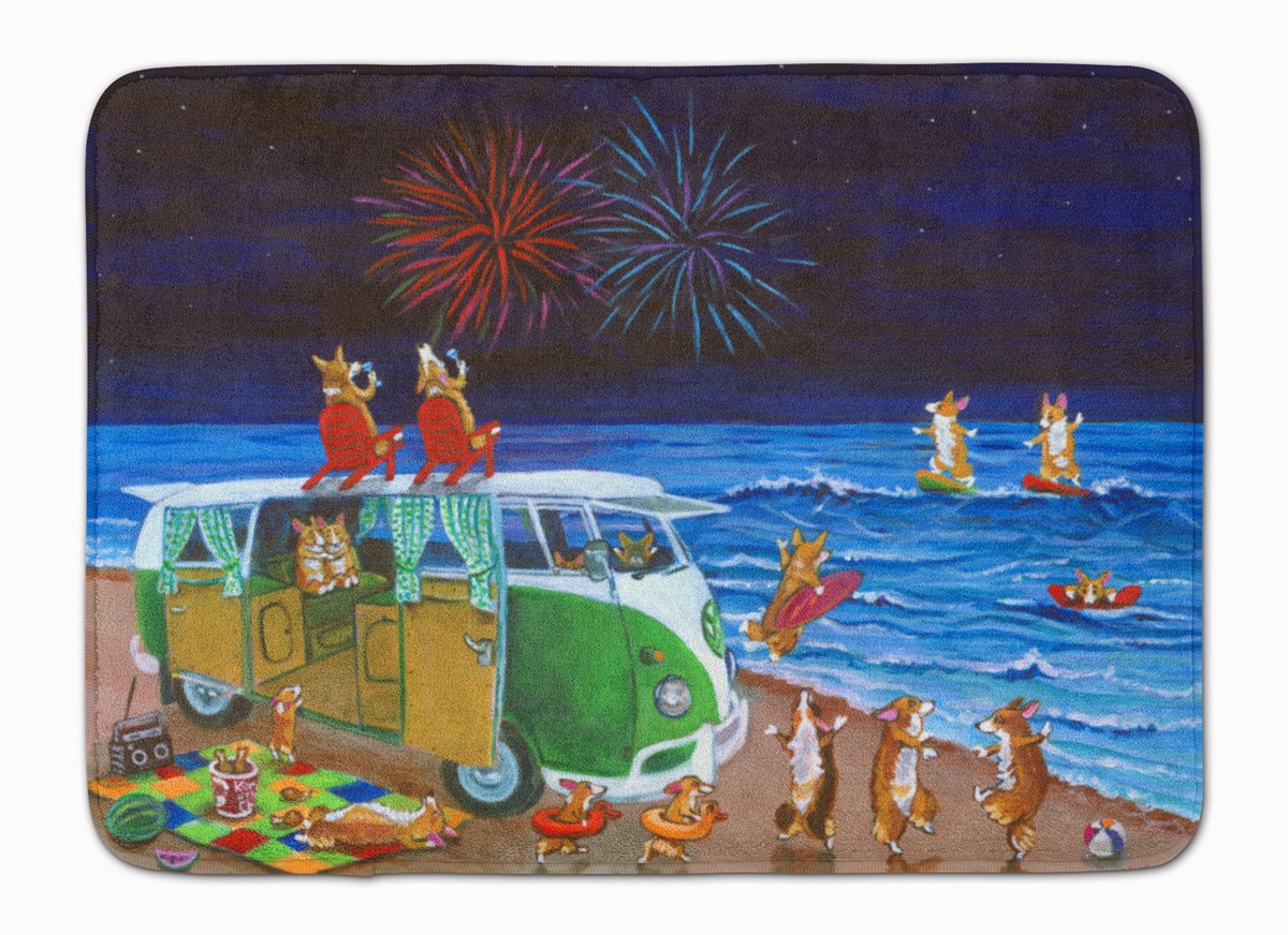 7317RUG Corgi Beach Party Volkswagon Fireworks Machine Washable Memory Foam Mat