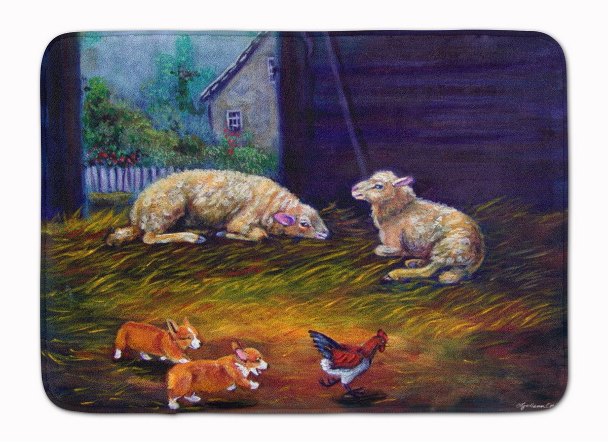 Corgi Chaos in the Barn with Sheep Machine Washable Memory Foam Mat