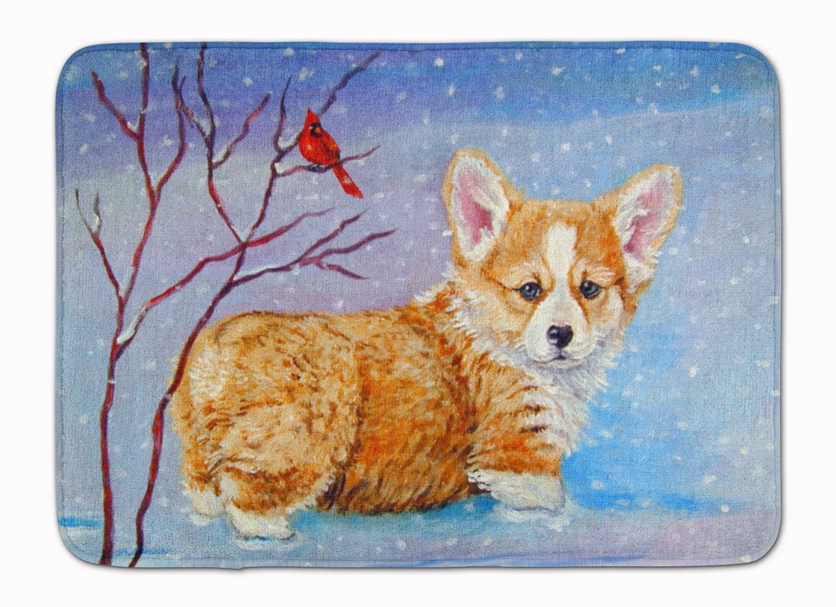 7327RUG Corgi Pup Snow Cardinal Machine Washable Memory Foam Mat
