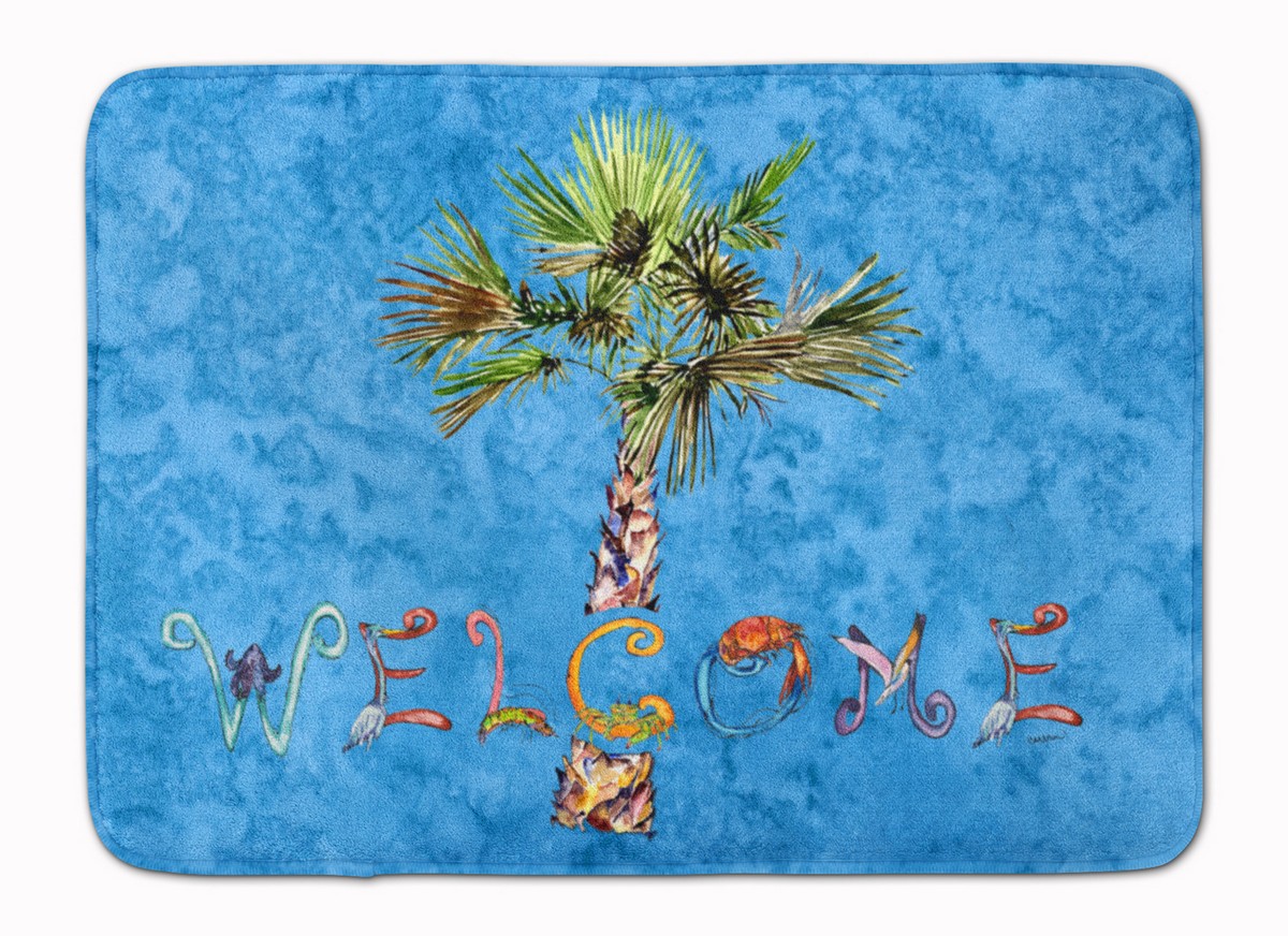 8708RUG Welcome Palm Tree on Blue Machine Washable Memory Foam Mat