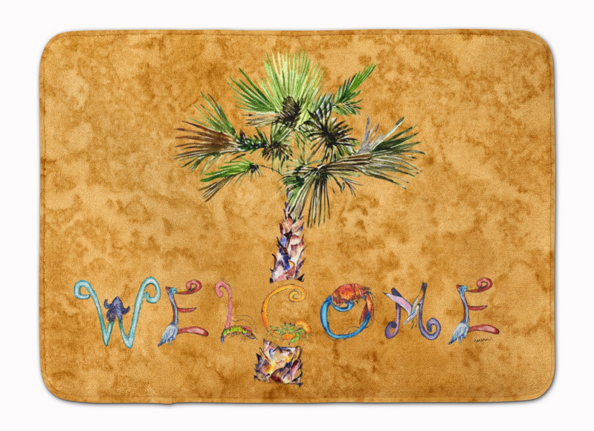8709RUG Welcome Palm Tree on Gold Machine Washable Memory Foam Mat