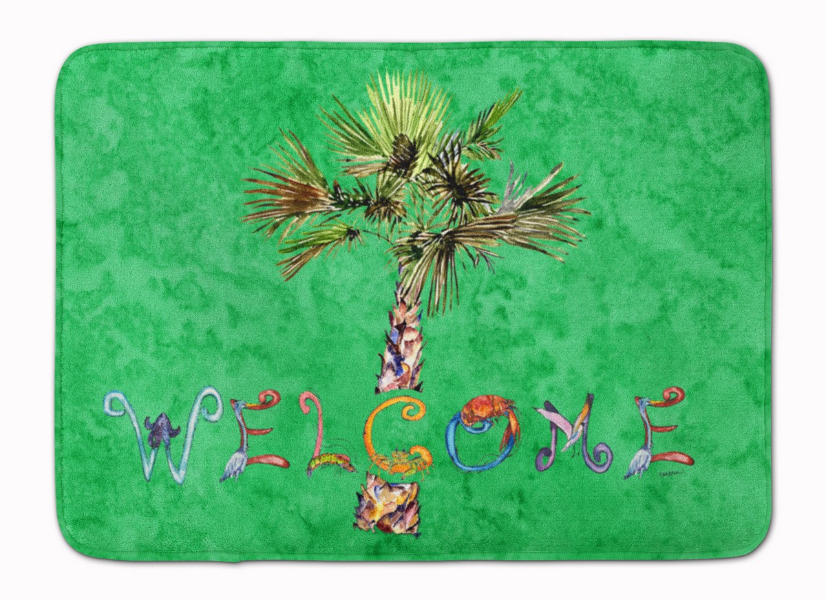8710RUG Welcome Palm Tree on Green Machine Washable Memory Foam Mat