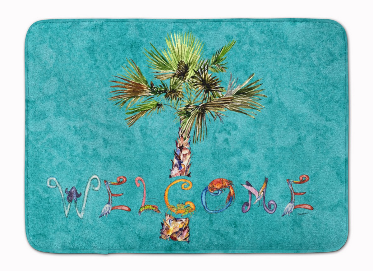 8711RUG Welcome Palm Tree on Teal Machine Washable Memory Foam Mat