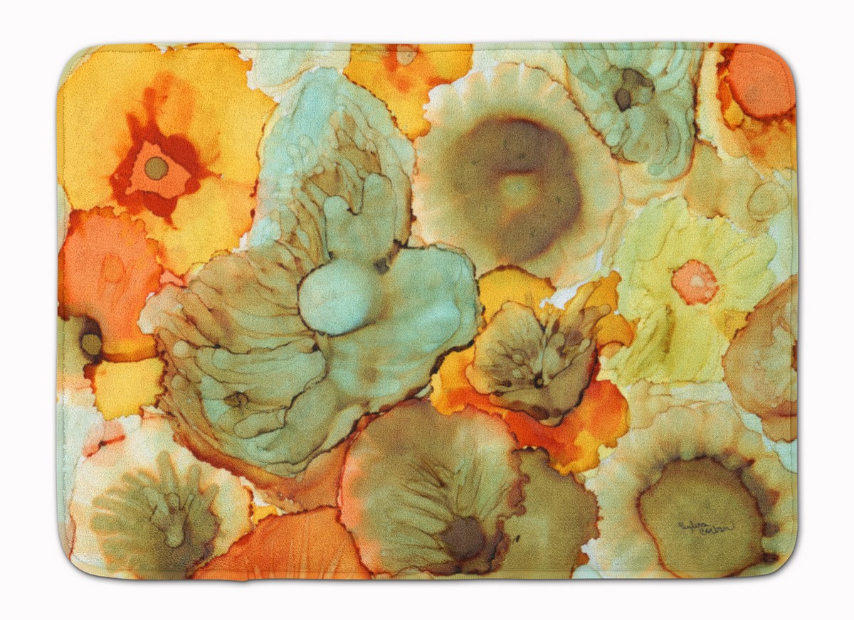 8959RUG Abstract Flowers Teal & Orange Machine Washable Memory Foam Mat