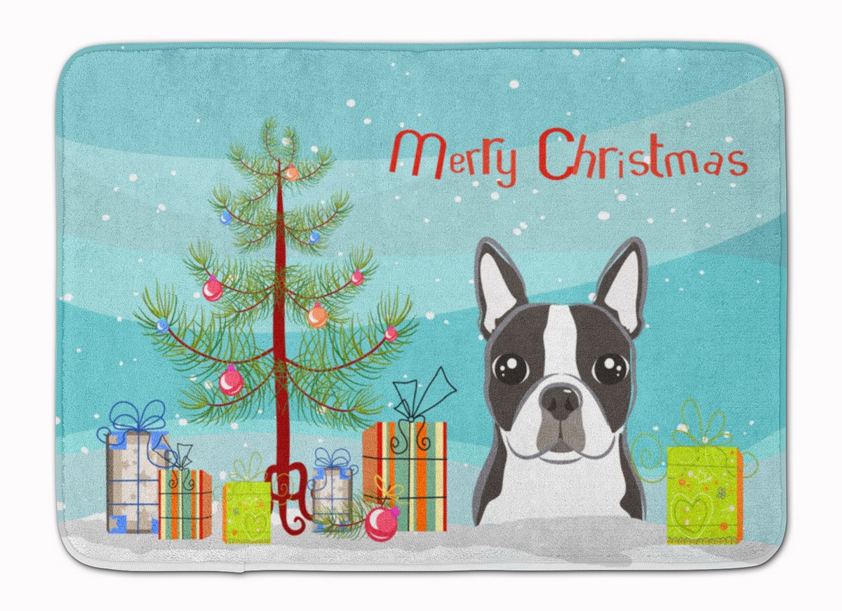 BB1575RUG Christmas Tree & Boston Terrier Machine Washable Memory Foam Mat