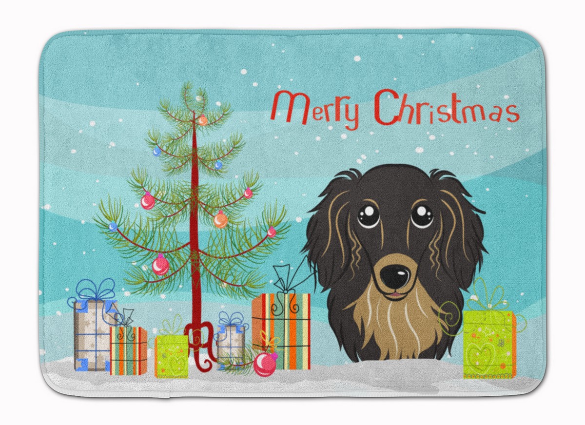 BB1585RUG Christmas Tree Longhair Black Dachshund Machine Washable Memory Foam Mat