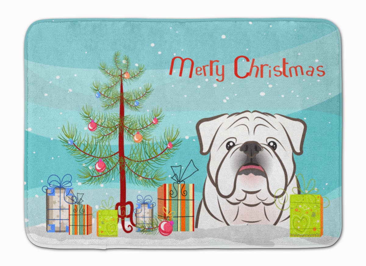 Christmas Tree White English Bulldog Machine Washable Memory Foam Mat - White - 19in. H x 0.25in. W x 27in. L
