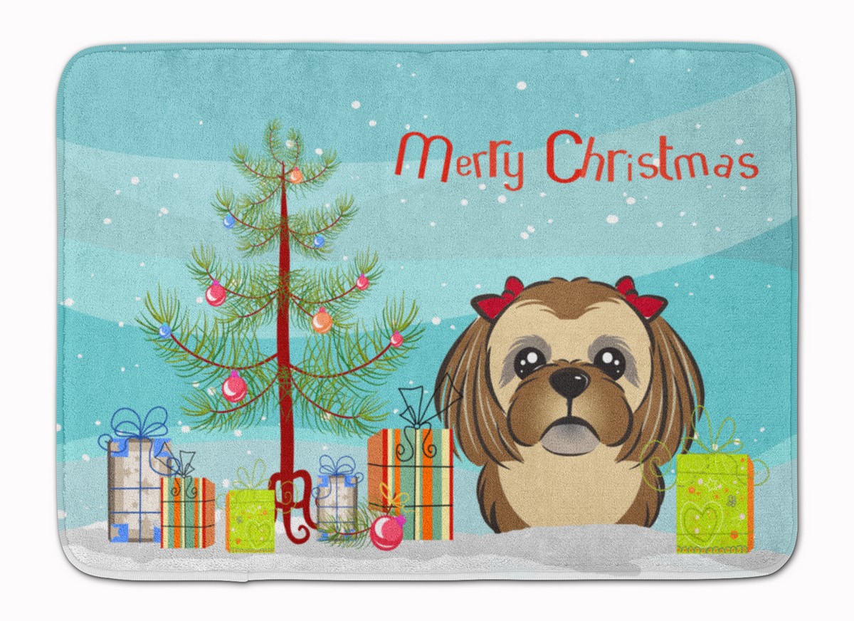 Christmas & Chocolate Brown Shih Tzu Machine Washable Memory Foam Mat