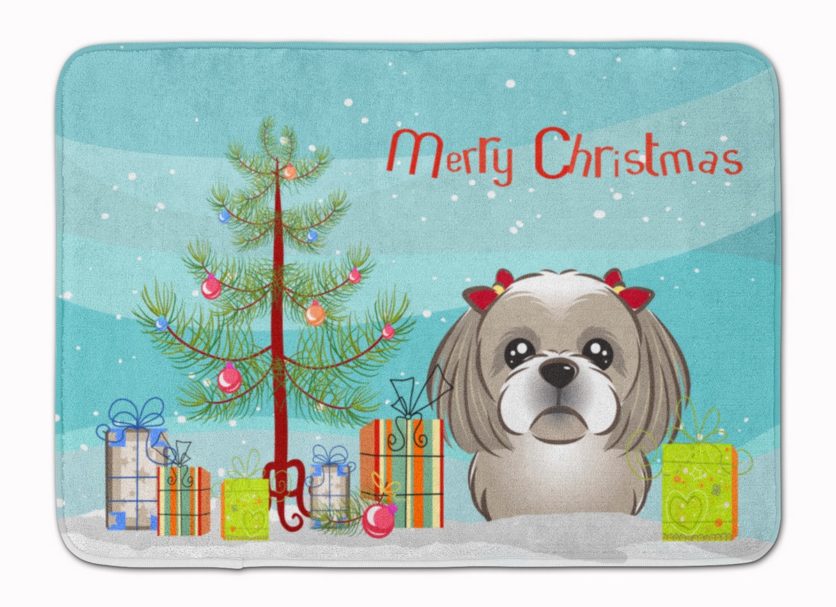 Christmas Tree & Grey & Silver Shih Tzu Machine Washable Memory Foam Mat - Grey & Silver - 19in. H x 0.25in. W x 27in. L