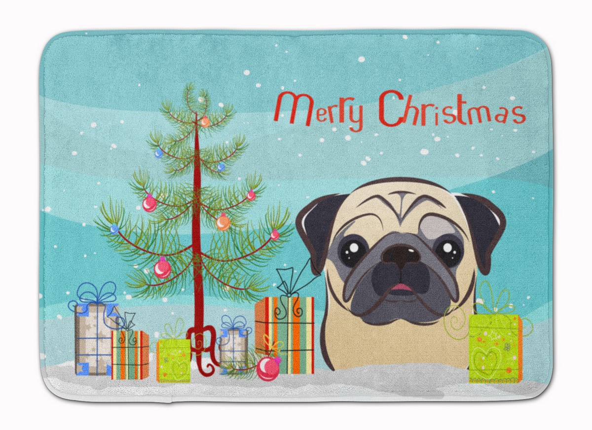 BB1634RUG Christmas Tree & Fawn Pug Machine Washable Memory Foam Mat